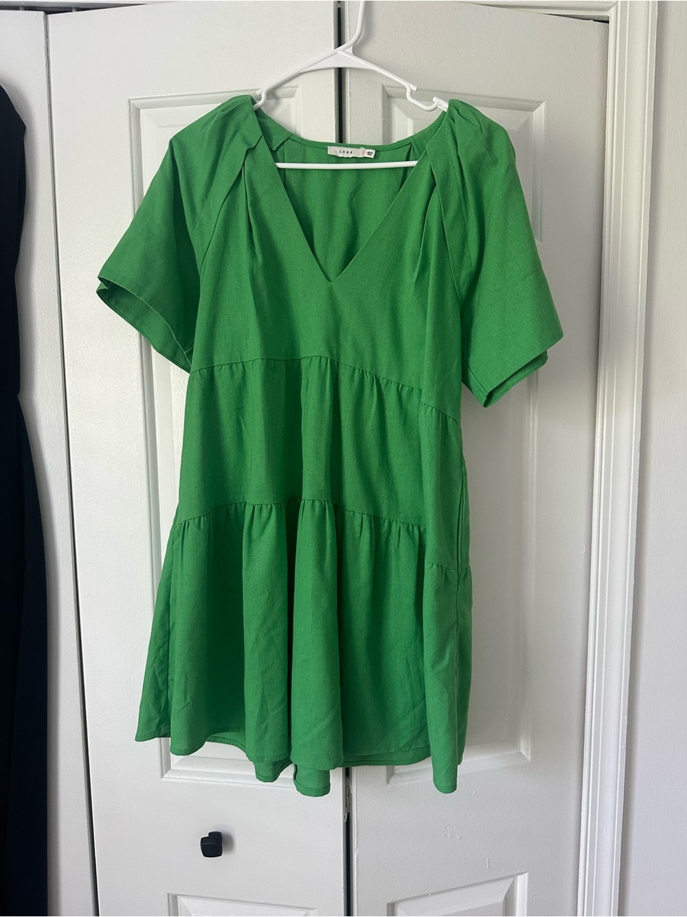 Lush Bright Green V-Neck Tiered Mini Babydoll dress